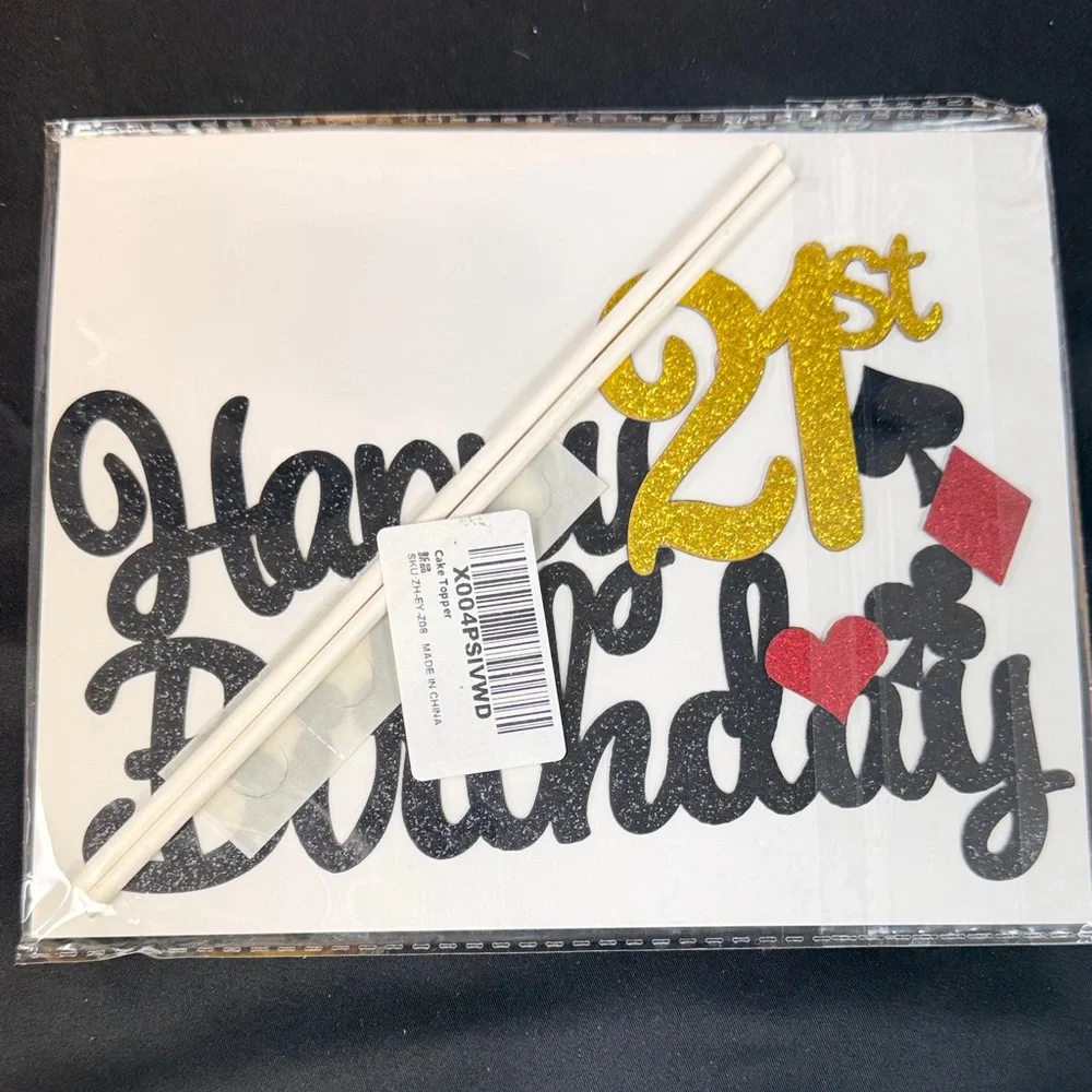 Happy 21st Birthday Cake Topper - Black and Gold card party club diamond heart